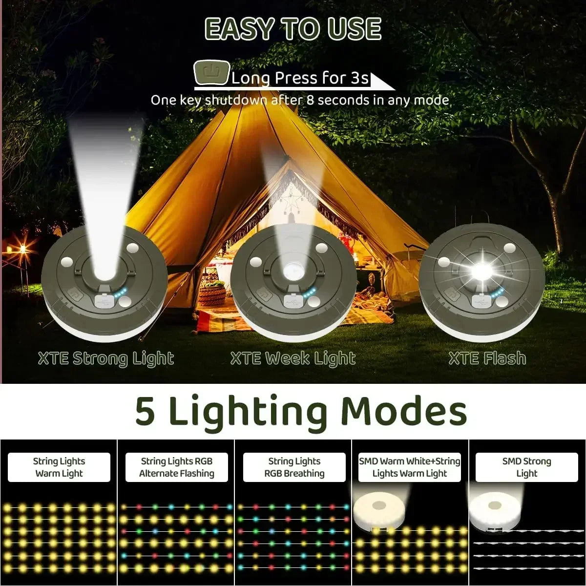 LED Camping Lamp with built in 10 metre LED strip.